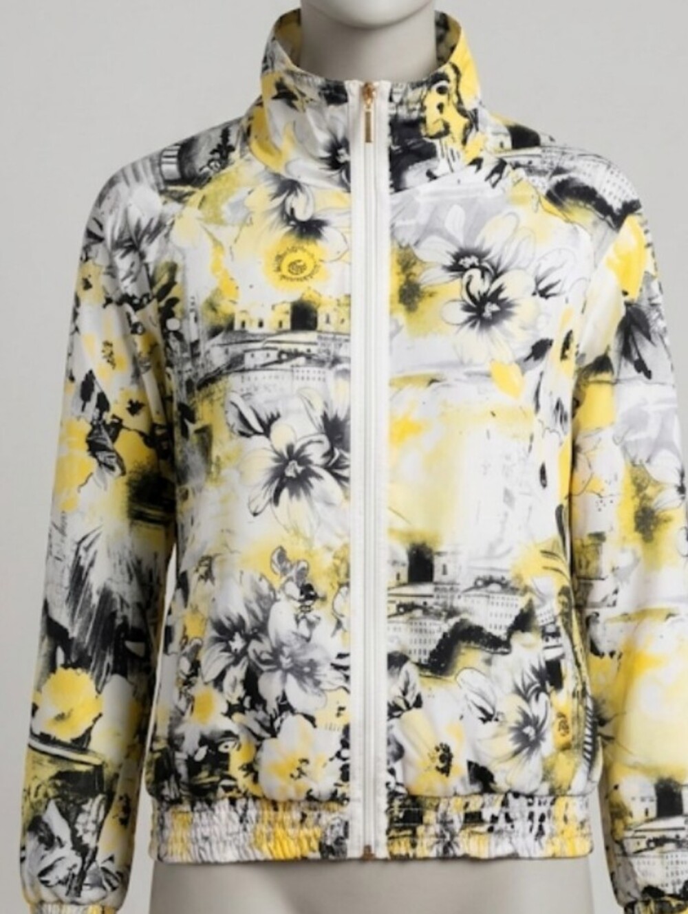 Alia Yellow Black & White Floral/City Print Jacket (S/M) Vintage Streetwear